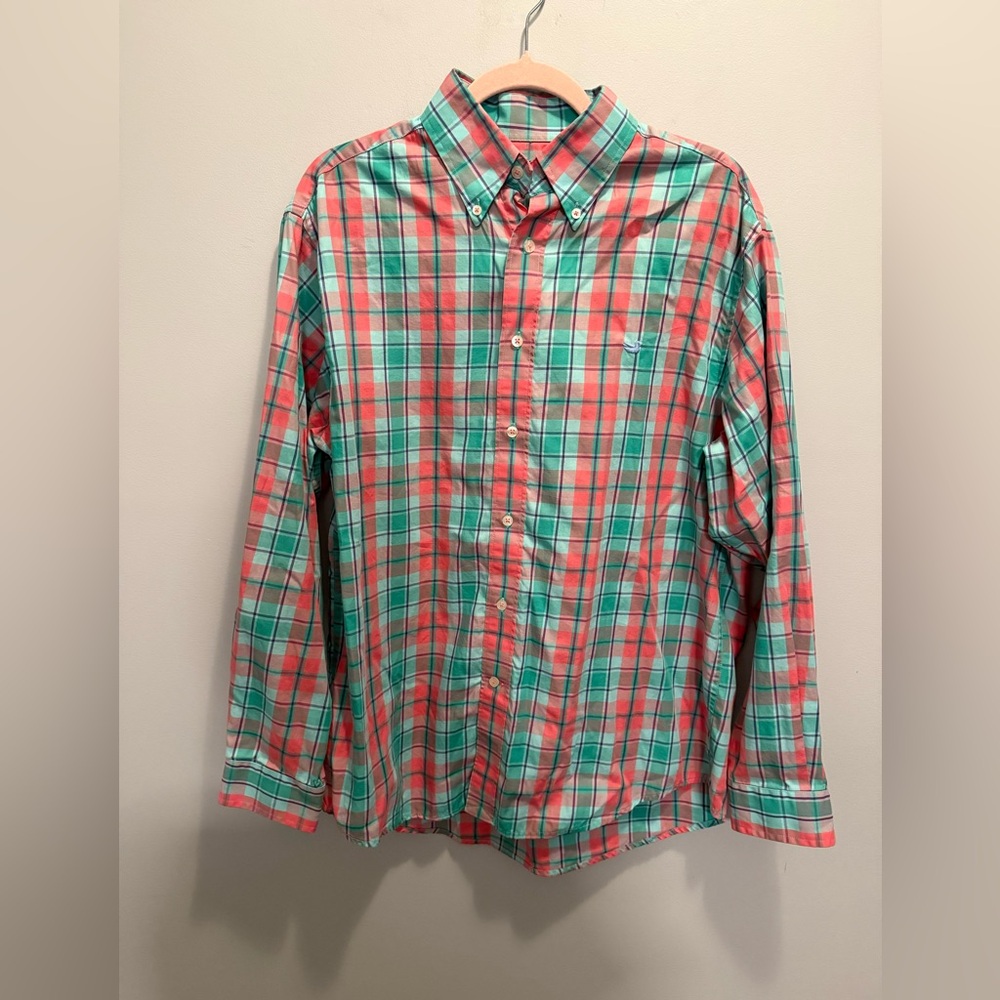 Southern Marsh Pink and Green Plaid Button Down Shirt Large